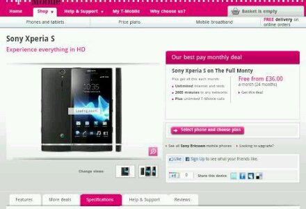 Xperia S now available to buy on T Mobile