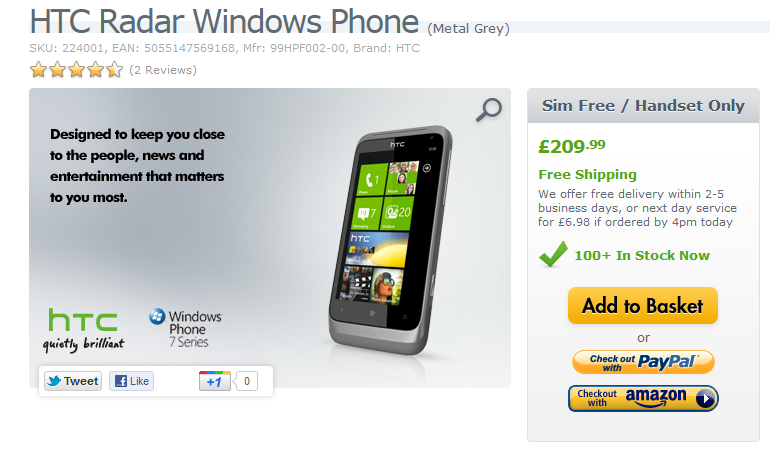 HTC Radar Windows Phone selling rather cheaply