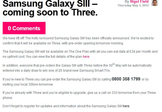 Three confirm the Galaxy SIII   Free on certain plans