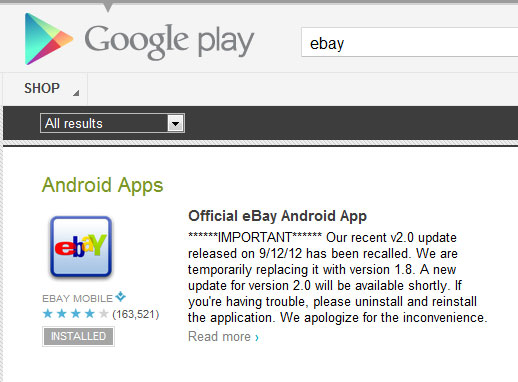 Ebay app problems still being addressed