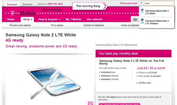 Samsung Galaxy Note II available on T Mobile