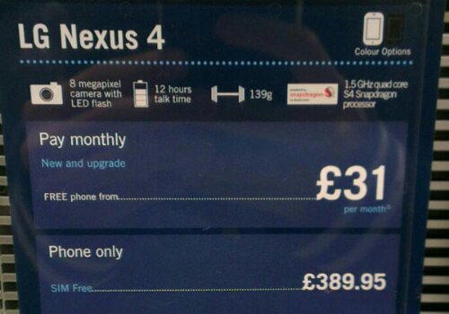 Nexus 4 advert in Car Phone Warehouse reveals price before launch