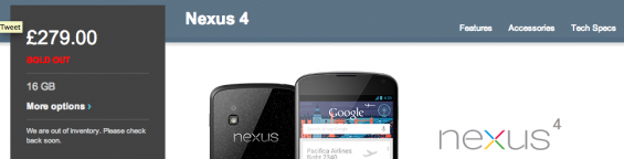 Nexus 4 back to sold out status