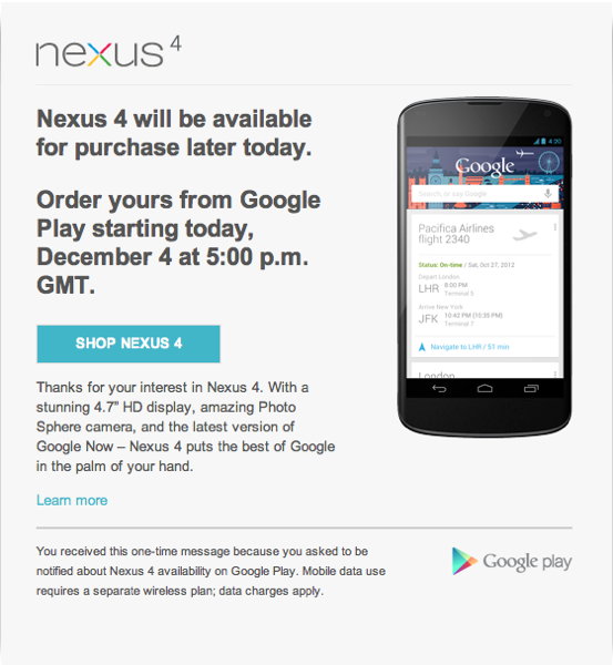 Nexus 4 back in stock at 5pm