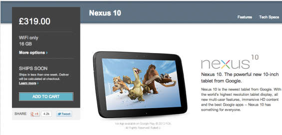 Nexus 10 back in stock at Google