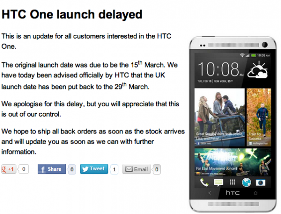 HTC One delayed (UPDATE)