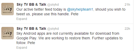 Sky apps not actually hacked, but Twitter account hacked and Google Play listings altered?