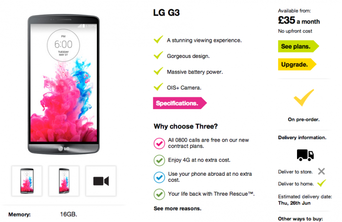 LG G3 launching on Three UK 26th June