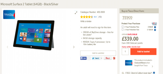 Microsoft Surface 2 price reduction at Tesco