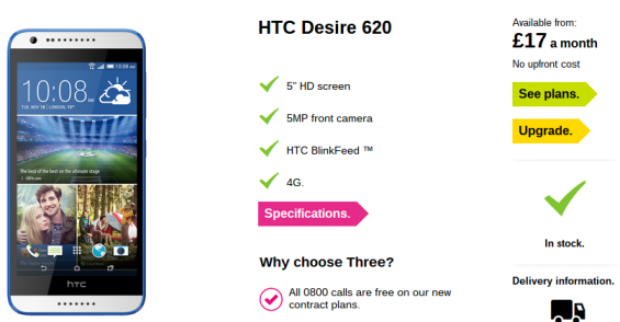 HTC Desire 620 now available on Three
