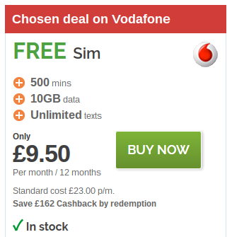 Vodafone   10GB SIM only for just £11.59 per month