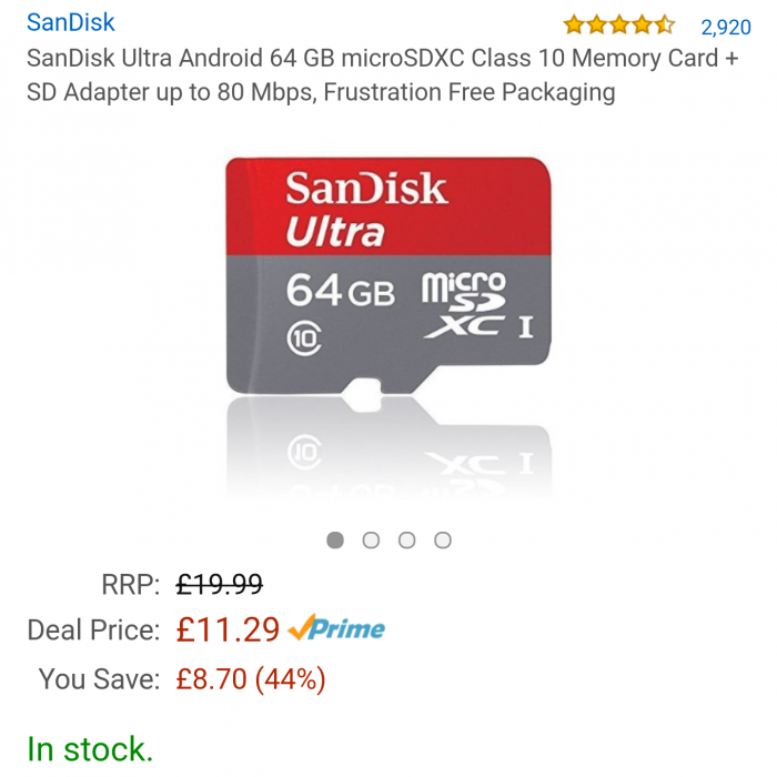 Sandisk 64GB MicroSDXC for £11.29