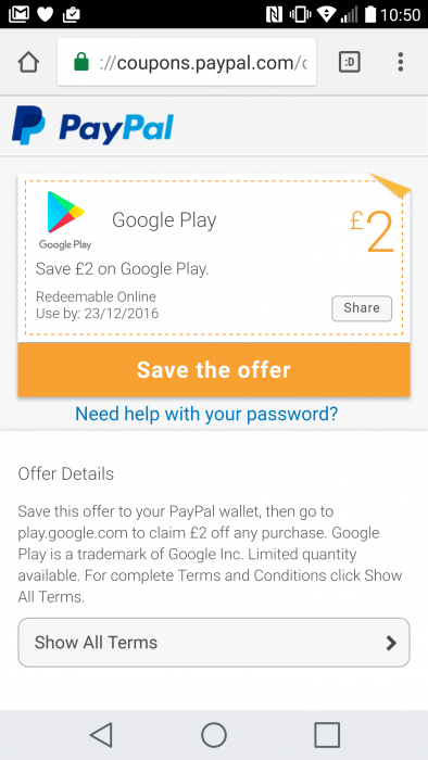 Save £2 on Google Play when you pay with PayPal