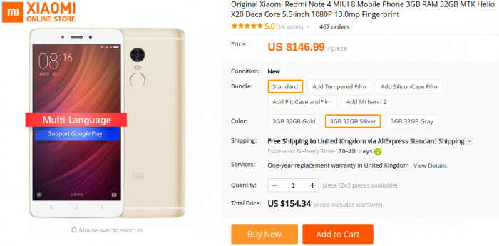 Xiaomi Redmi Note 4   Now £120.91