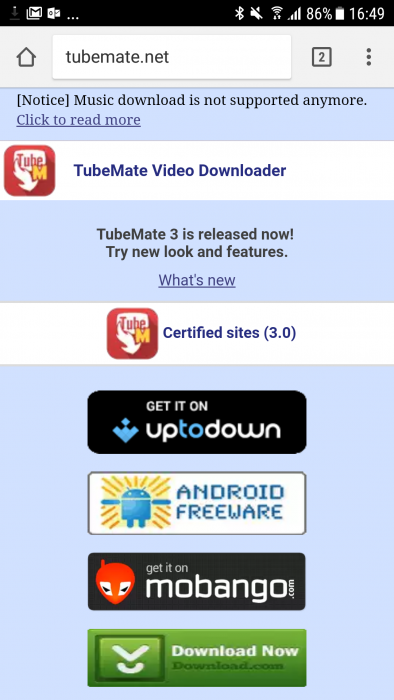 TubeMate now blocks music downloading, which was the whole reason it existed