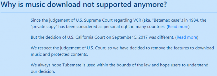 TubeMate now blocks music downloading, which was the whole reason it existed