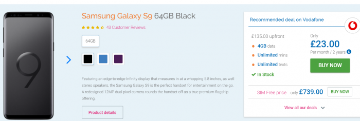 Samsung Galaxy S9 64GB deal. £23 p/m with 4GB monthly data.