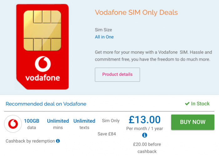 Deal   Vodafone SIM only 100GB Deal